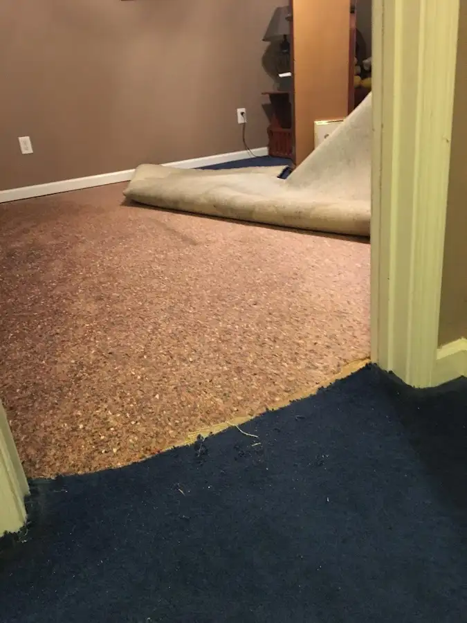 Carpet pad removal revealing water damage during Drying & Dehumidification in Grimes